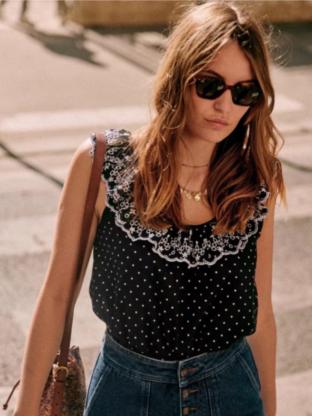 Sézane Black Polka Dot Lace-Trim Tank